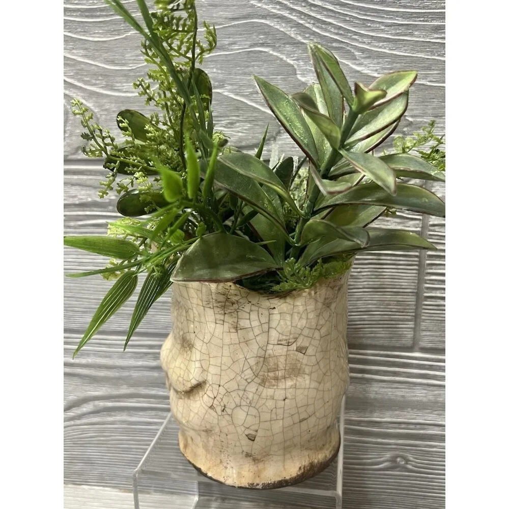 Rustic Crackled Owl Planter with Faux Succulents 9” Primitive Look Decor